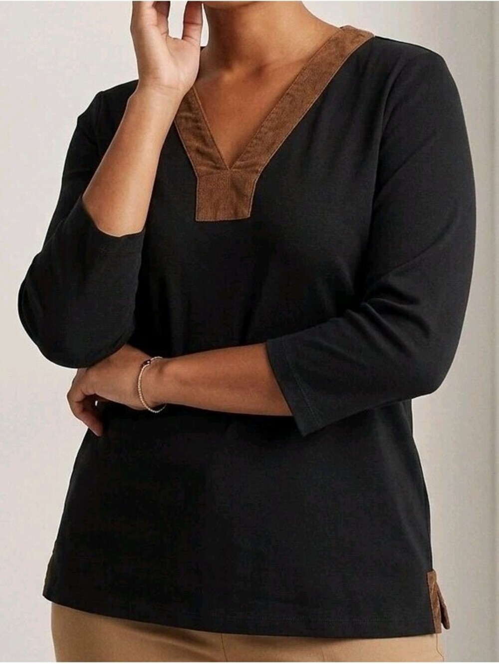 Lauren Ralph Lauren Women 1X Black V-Neck Top Suede Trim 3/4 Sleeve Cotton Shirt